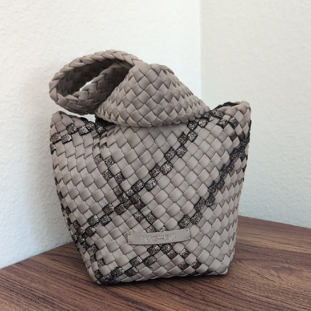 Naghedi Taupe Woven Mini Bag with Dark Metallic Accents